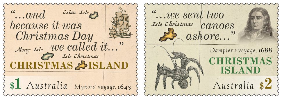 $1 and $2 stamps from the Christmas Island Early Voyages stamp release