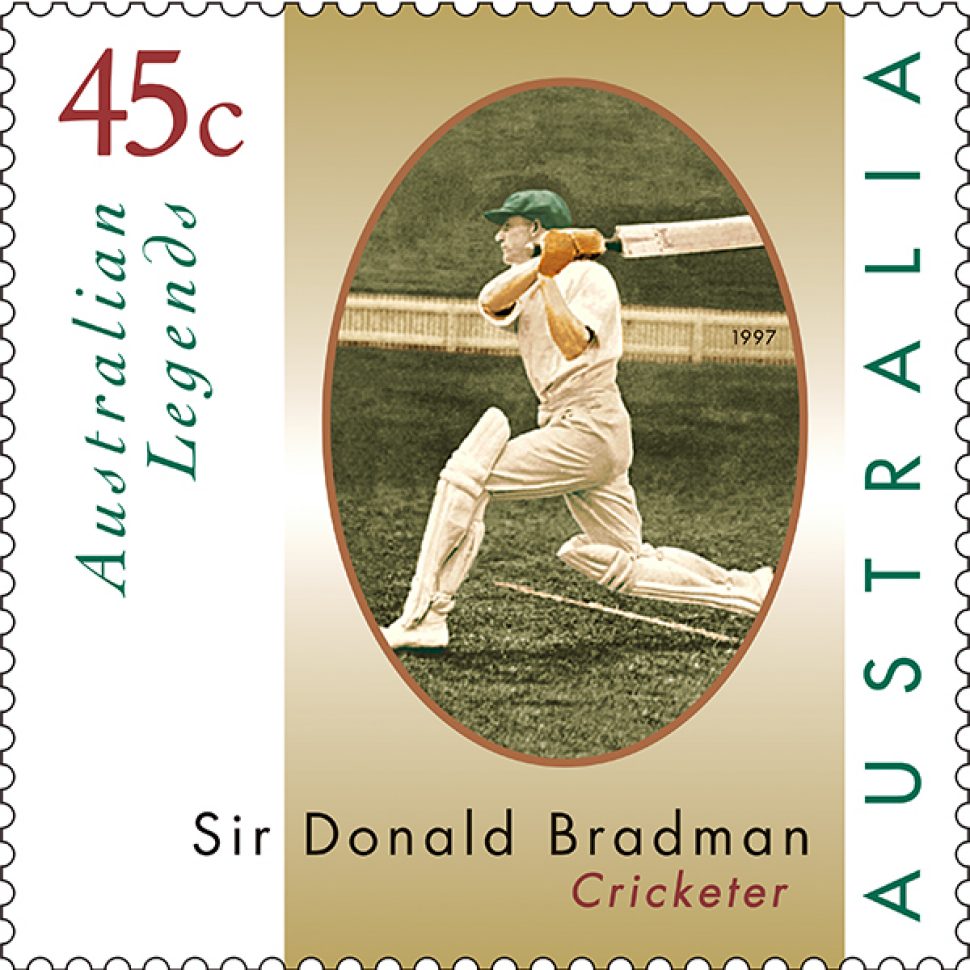 45c stamp featuring Sir Donald Bradman batting at the cricket ball