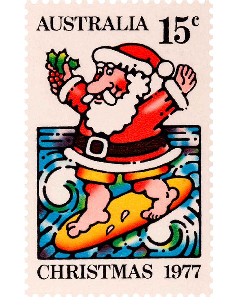 15 cent stamp featuring a colourful Santa wearing shorts and surfing on a twirling wave.