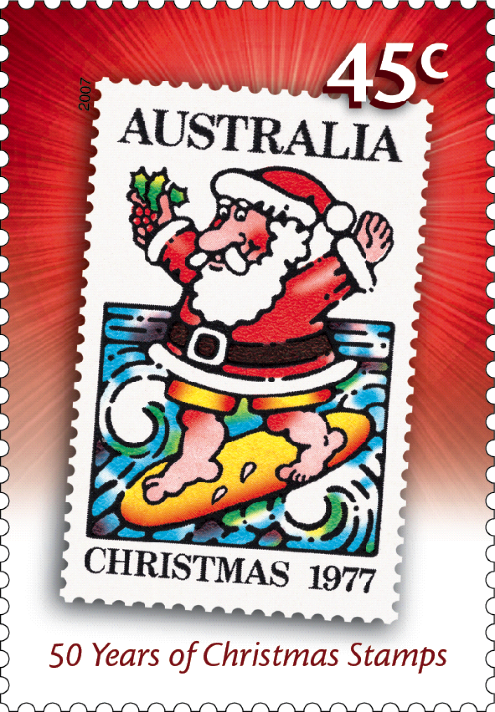 45 cent stamp from 2007 depicting the surfing  Santa from 1977