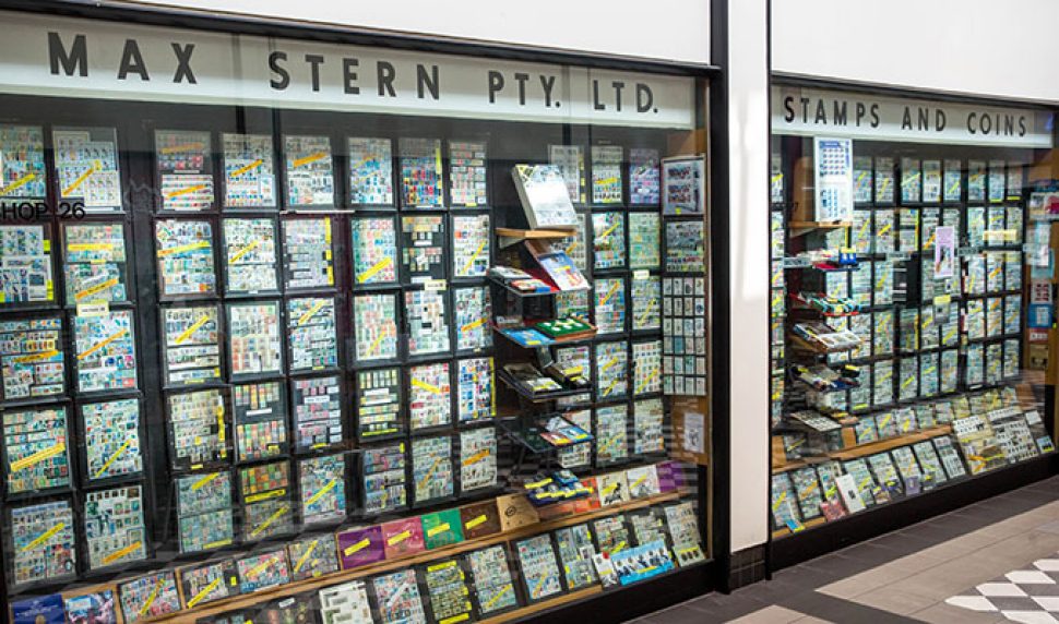 The front window of Max Stern's shop showing a wonderful array of stamps and collections