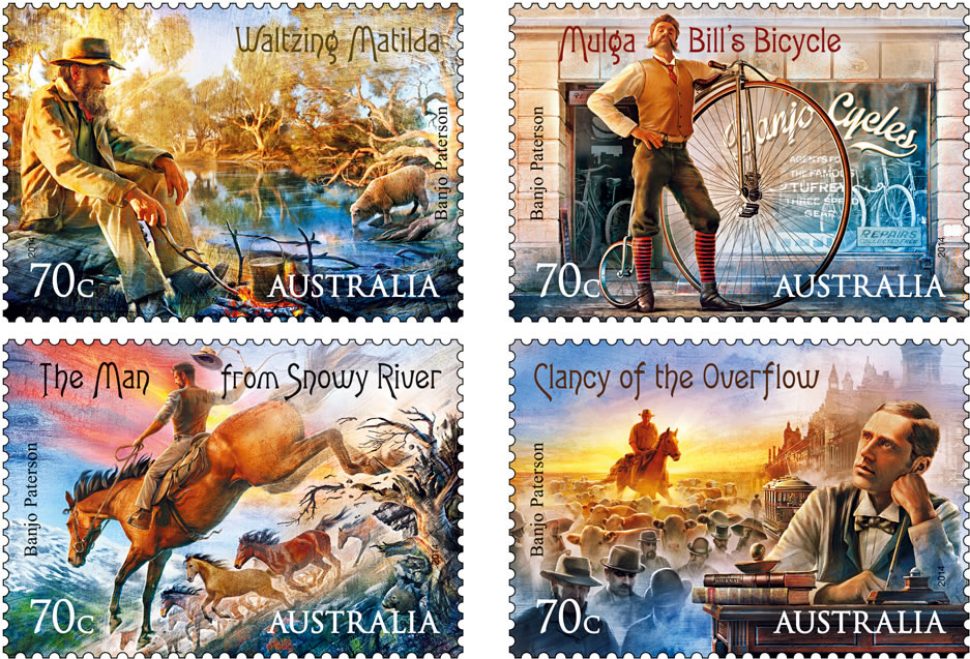 Bush Ballads stamp issue, 2014. Four 70 cent stamps depicting "Waltzing Matilda", "Mulga Bill's Bicycle", "The Man from Snowy River" and "Clancy of the Overflow"