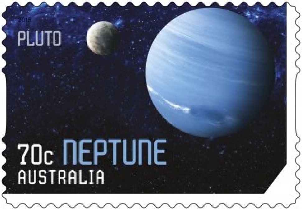 70c stamp showing the first image of a blue Pluto 
