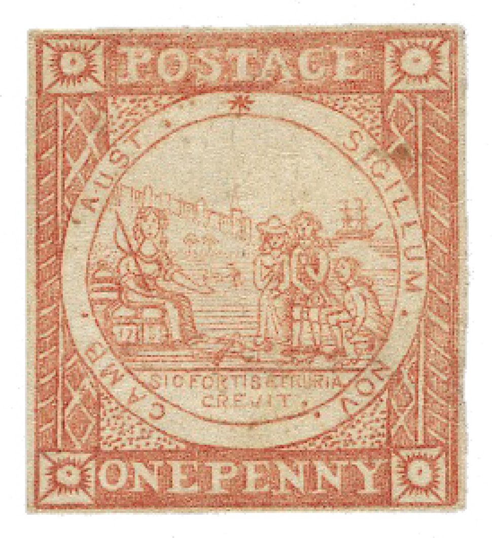 Red one penny stamp showing a drawn wharf scene with four people.