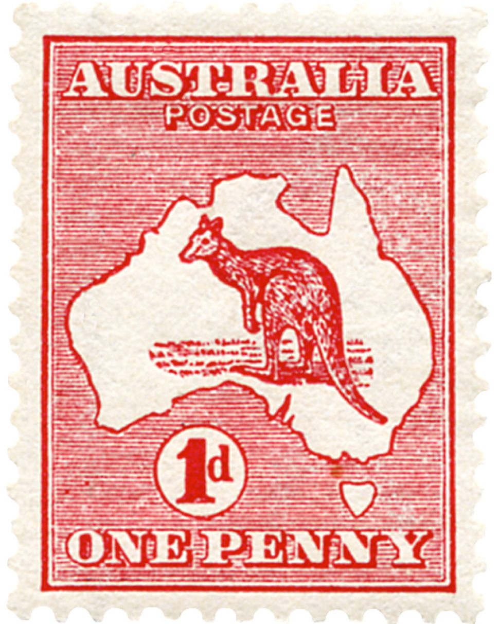 One penny red stamp featuring red kangaroo on a white map of Australia.