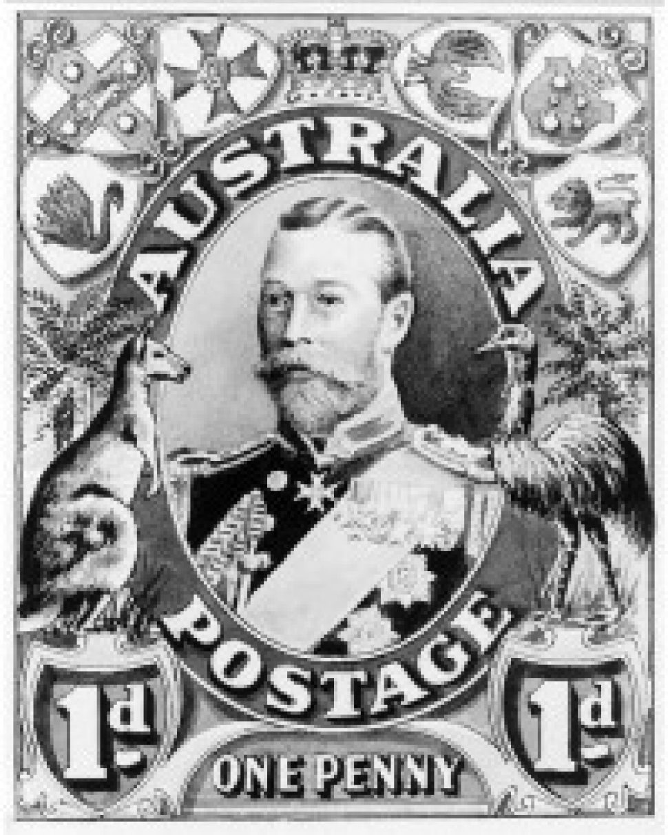 1 penny stamp in black and white featuring the head of King George V with a smaller drawing of kangaroo on the bottom left, an  emu on the right, then a crown and shields arching around the top. 