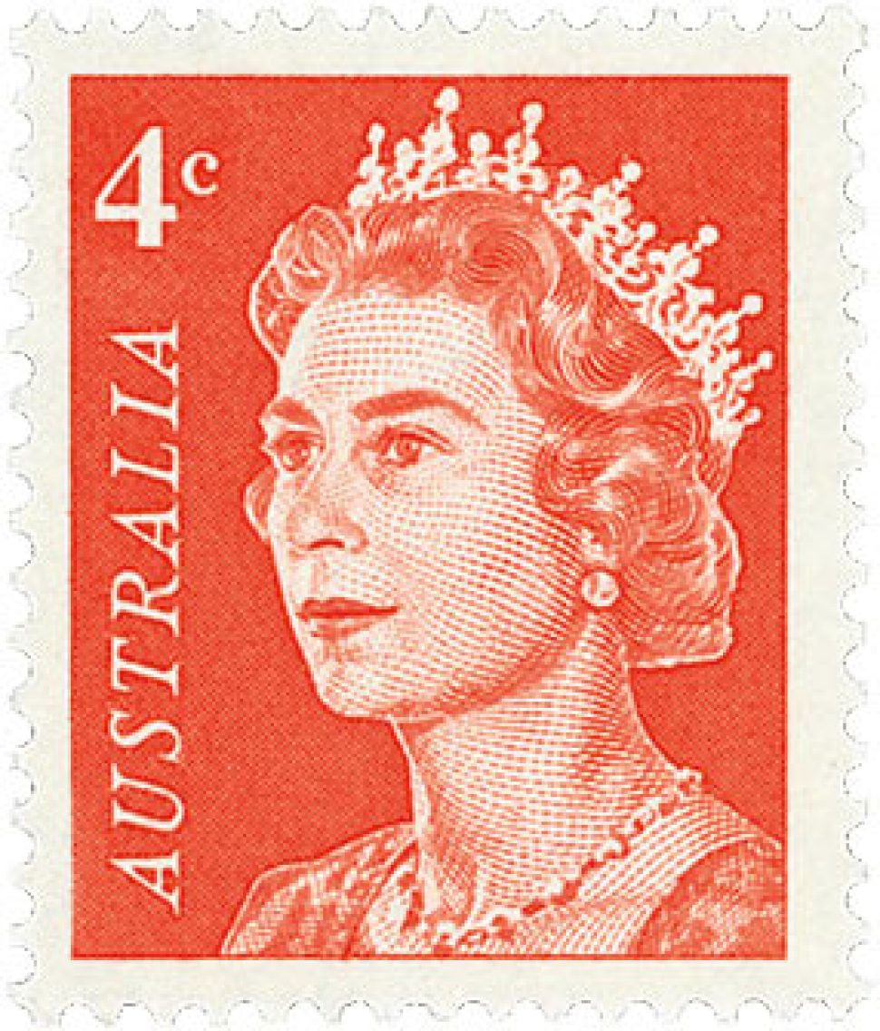4 cent stamp featuring the head of the Queen on a red background