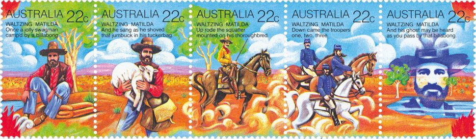 Five colourful stamps depicting Waltzing Matilda