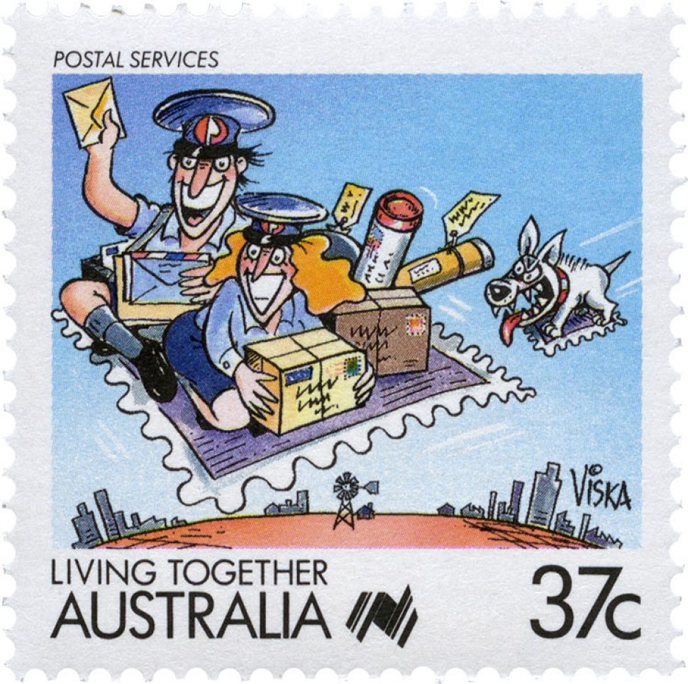 37 cent stamp featuring two postmen on a flying carpet-stamp and loaded up with parcels. Trailing behind is a grinning white dog on his own flying carpet-stamp.