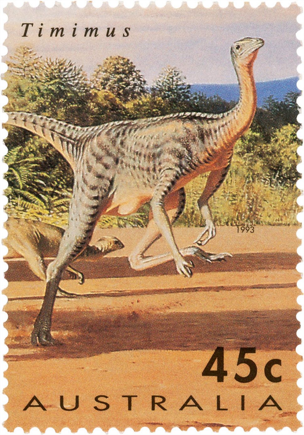 45 cent stamp featuring a running dinosaur