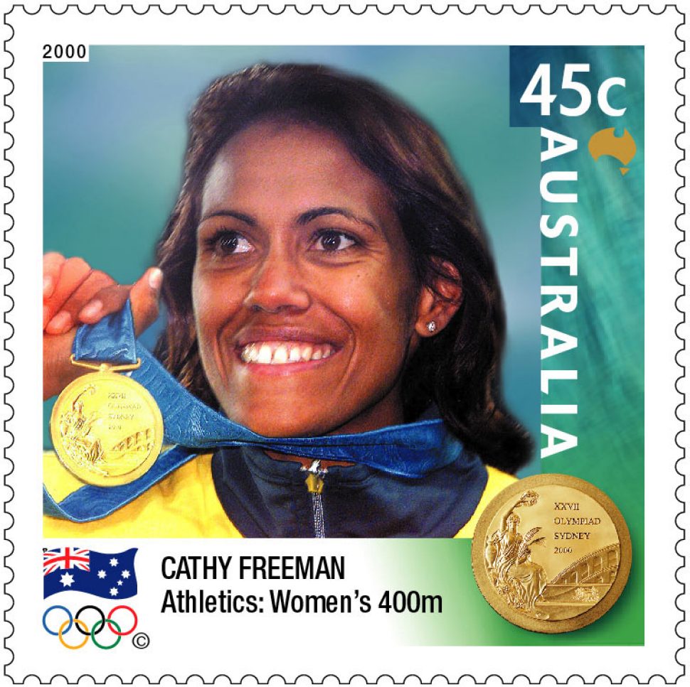 45 cent stamp featuring Cathy Freeman holding up her gold medal for winning the women's 400m sprint.