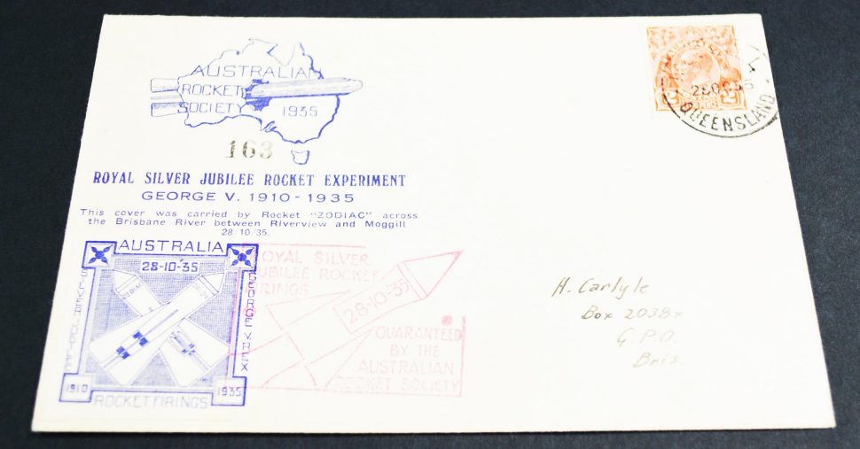 Envelope showing "Royal Silver Jubilee Rocket Experiment" insignia