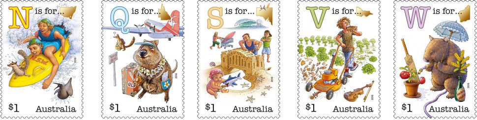 Five $1 stamps from the Australian alphabet series showing a surfers in the water (N is for NSW), quokka arriving in a plane (Q is for QLD), people playing on a beach (S is for sand),  teenage boy pushing a lawnmower over a violin (V is for Victoria), wombat with an umbrella (W is for WA).
