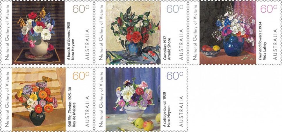 The five stamps from the National Gallery of Australia Flowers stamp issue released 22 March 2011.