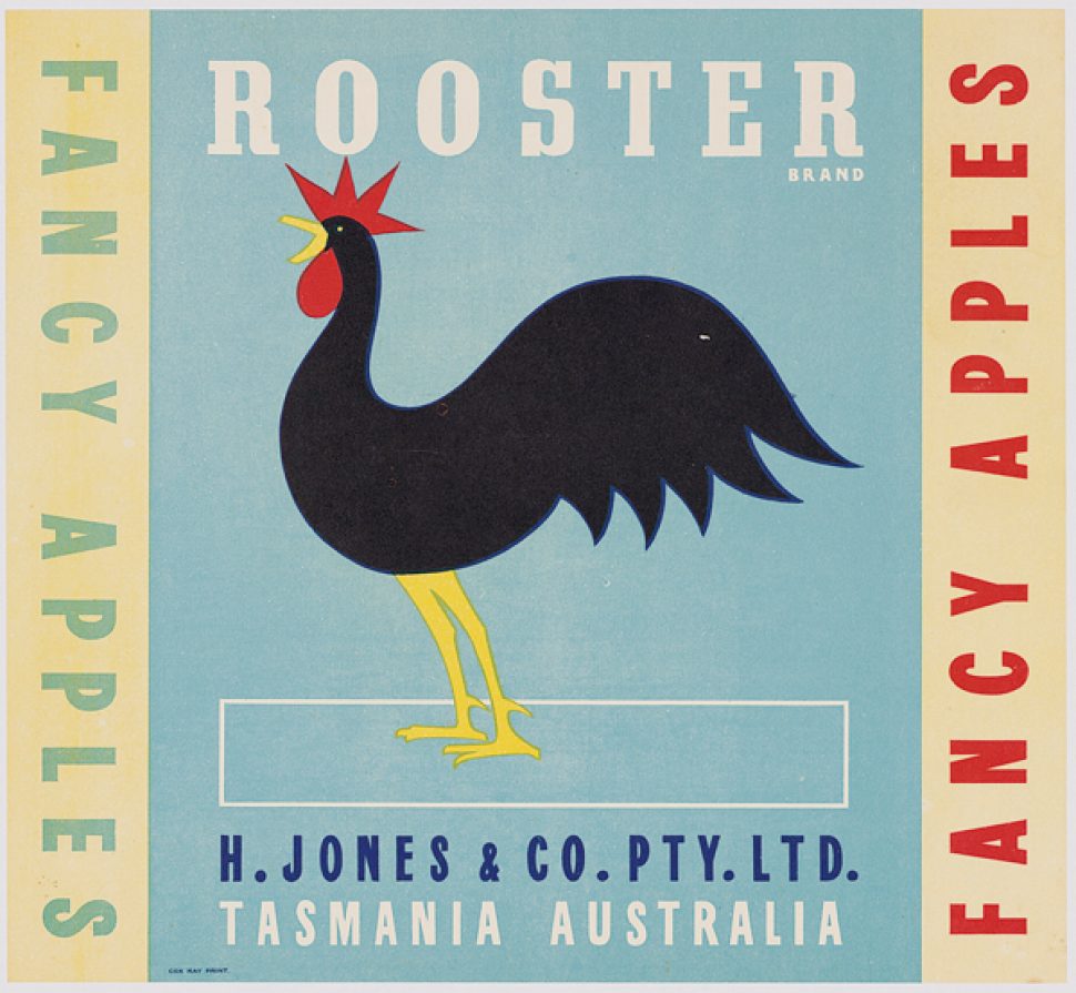 Rooster brand apple label, designed by Max Angus. Scan courtesy of Apples from Oz.