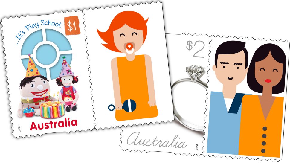 The 2016 $1 50 Years of Play School stamp and the 2016 $2 silver rings stamp.