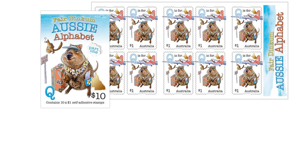 2016 A-Z Part One stamp issue, booklet of 10 self-adhesive stamps. Stamp shows a quokka going on holiday to Queensland (it's very cute)