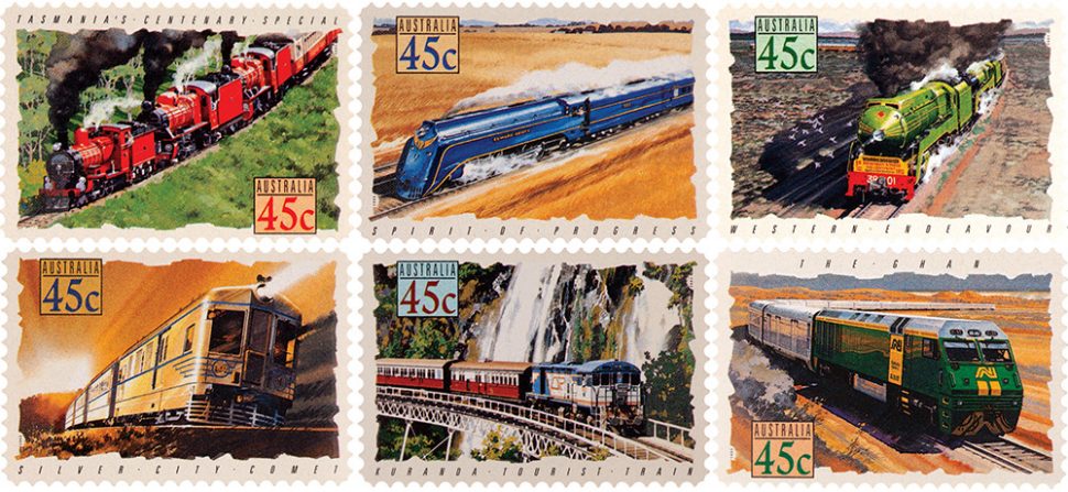 six 45 cent self-adhesive stamps from the 1993 Trains stamp issue