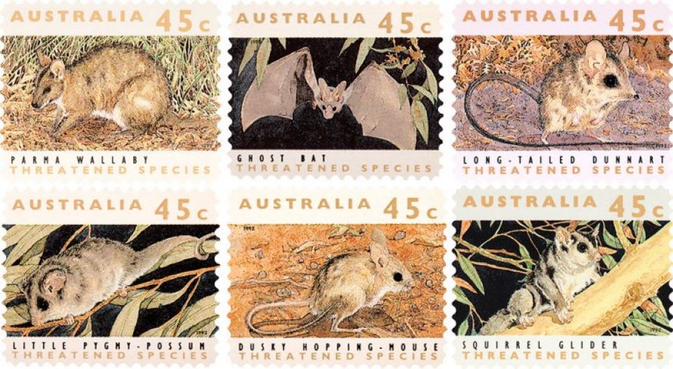 The first multi-design self-adhesive stamp issue, Threatened Species (1992) - showing six 45 cent stamps