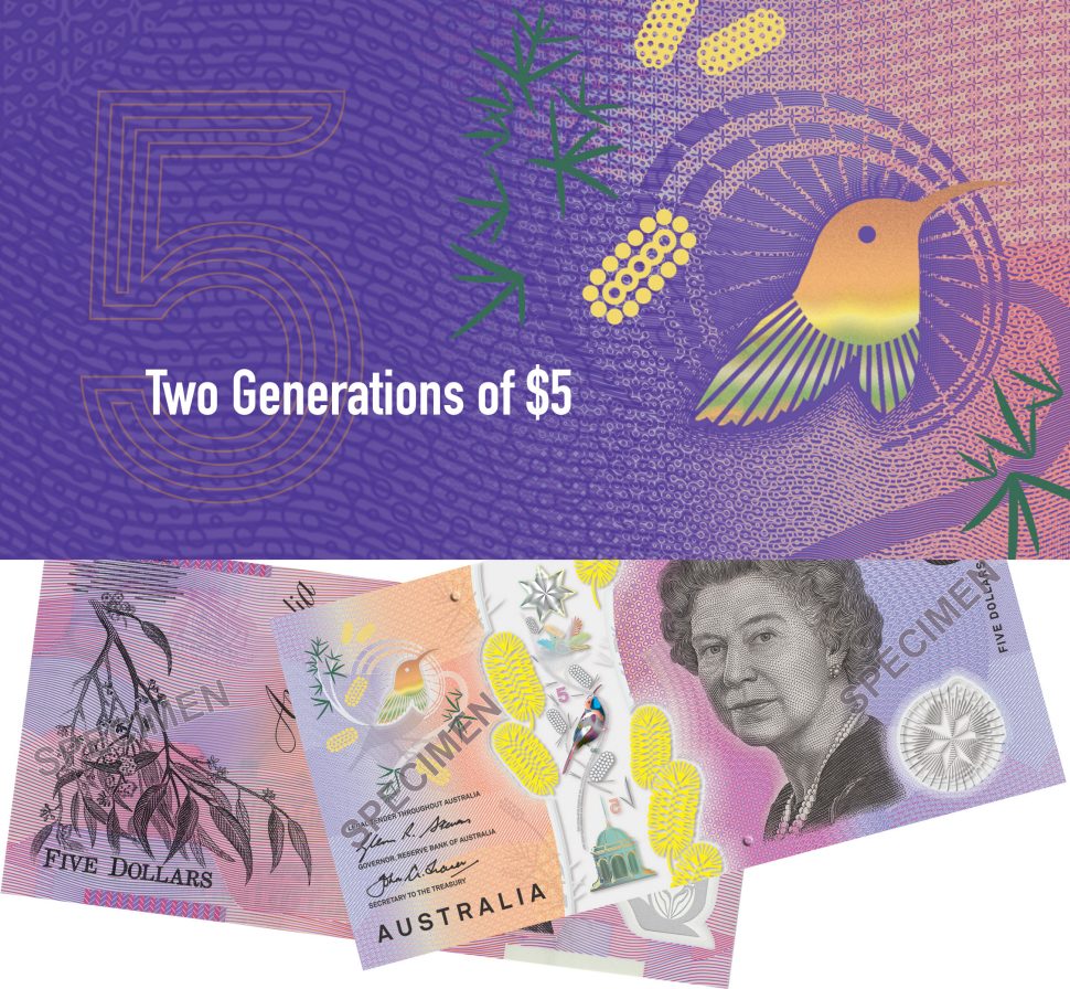 “Two Generations of $5” commemorative folder containing one first polymer $5 banknote and one new $5 banknote