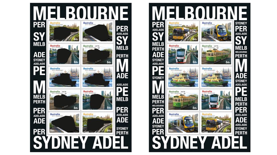 Sheetlet pack - on the left are trains and tram stamps with black ink obliterating the detail.  On the right are the stamps showing the detail and colour of the trains and trams.