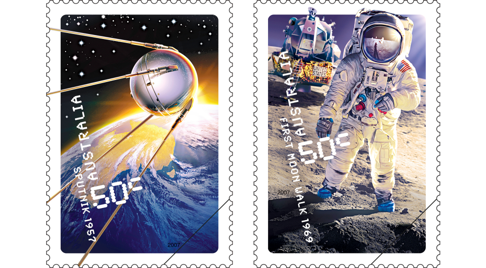 2007 50 Years in Space - 50c First Moon Walk 1969 stamp and 50c Sputnik stamp