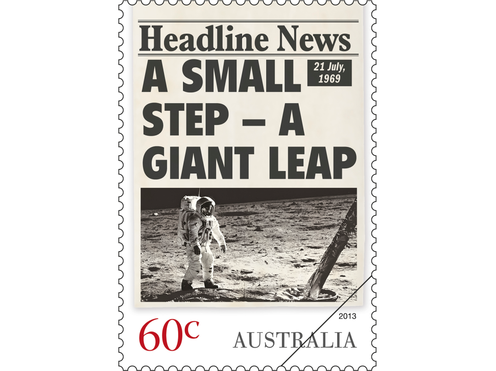 Headline News on a newspaper on a 60c stamp: A Small Step – A Giant Leap, Moon Landing stamp