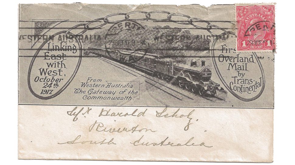Original illustrated envelope for the inaugural Trans-Australian Railway journey