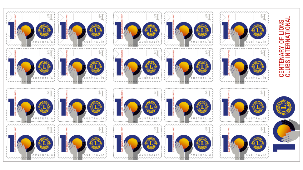 Centenary of Lions Clubs International booklet of 20 self-adhesive stamps, with micro cuts super-imposed over half of the booklet. This is an artistic impression only.