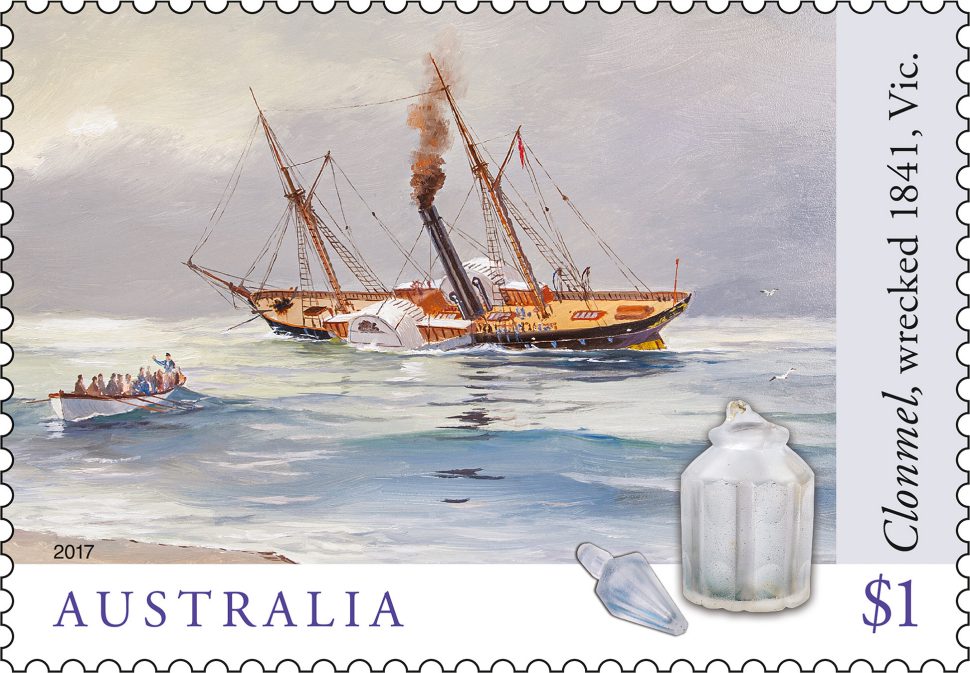 $1 Shipwrecks stamp featuring Clonmel, wrecked in 1841 on a sandbar off the Victorian coast