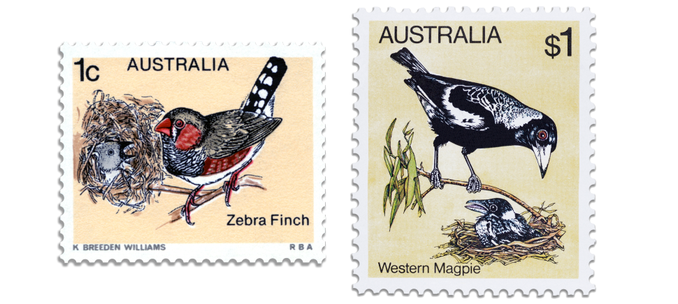 1979 1c Zebra Finch and 1980 $1 Western Magpie