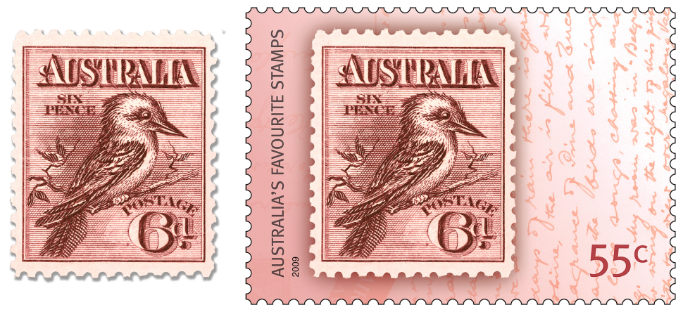 1914 6d. Kookaburra stamp and the 2009 55c Australia's Favourite Stamps, Kookaburra stamp