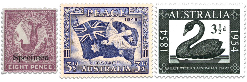 1889 8d. Magenta lyrebird colonial stamp, 1946 3 1/2d. Peace Blue Dove stamp and 1954 3 1/2d. Black Swan stamp