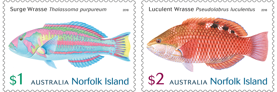 Norfolk Island Wrasses stamps - $1 and $2