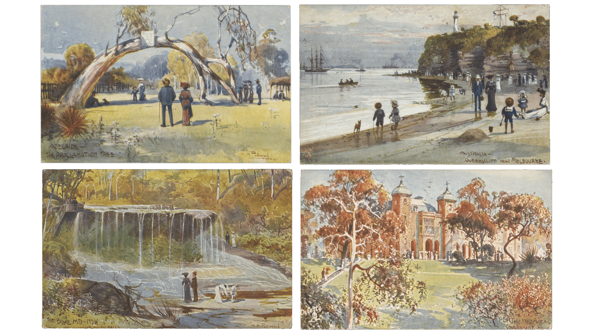 The proclamation tree, Adelaide, National Library of Australia, nla.obj-153092640. Beach at Queenscliff near Melbourne, National Library of Australia, nla.obj-153091313. Weeping Rock, Wentworth Falls, Blue Mountains, New South Wales, National Library of Australia, nla.obj-153095020. Caption: Government House, Perth, National Museum of Australia, The proclamation tree, Adelaide, National Library of Australia, nla.obj-153092640. Beach at Queenscliff near Melbourne, National Library of Australia, nla.obj-153091313. Weeping Rock, Wentworth Falls, Blue Mountains, New South Wales, National Library of Australia, nla.obj-153095020. Caption: Government House, Perth, National Museum of Australia,