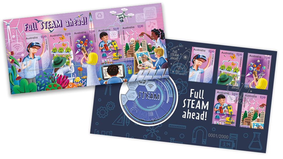 Full STEAM Ahead minisheet & stamp and medallion cover