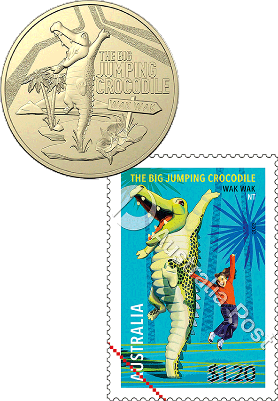 Big Jumping Crocodile $1.20 stamp and $1 uncirculated coin