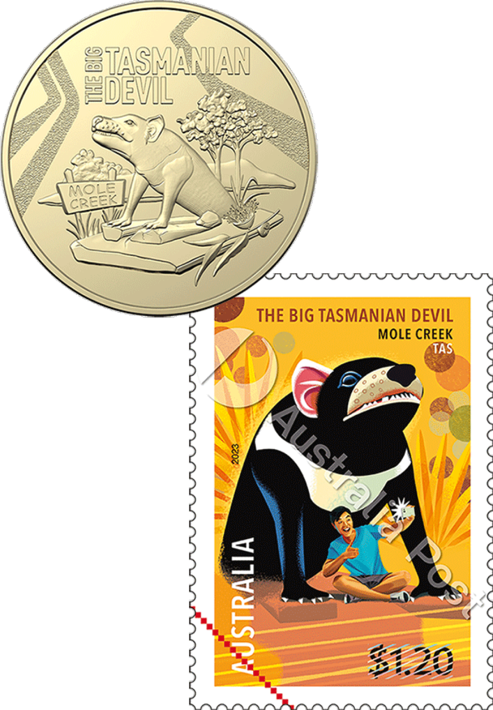 Big Tasmanian Devil $1.20 stamp and $1 uncirculated coin
