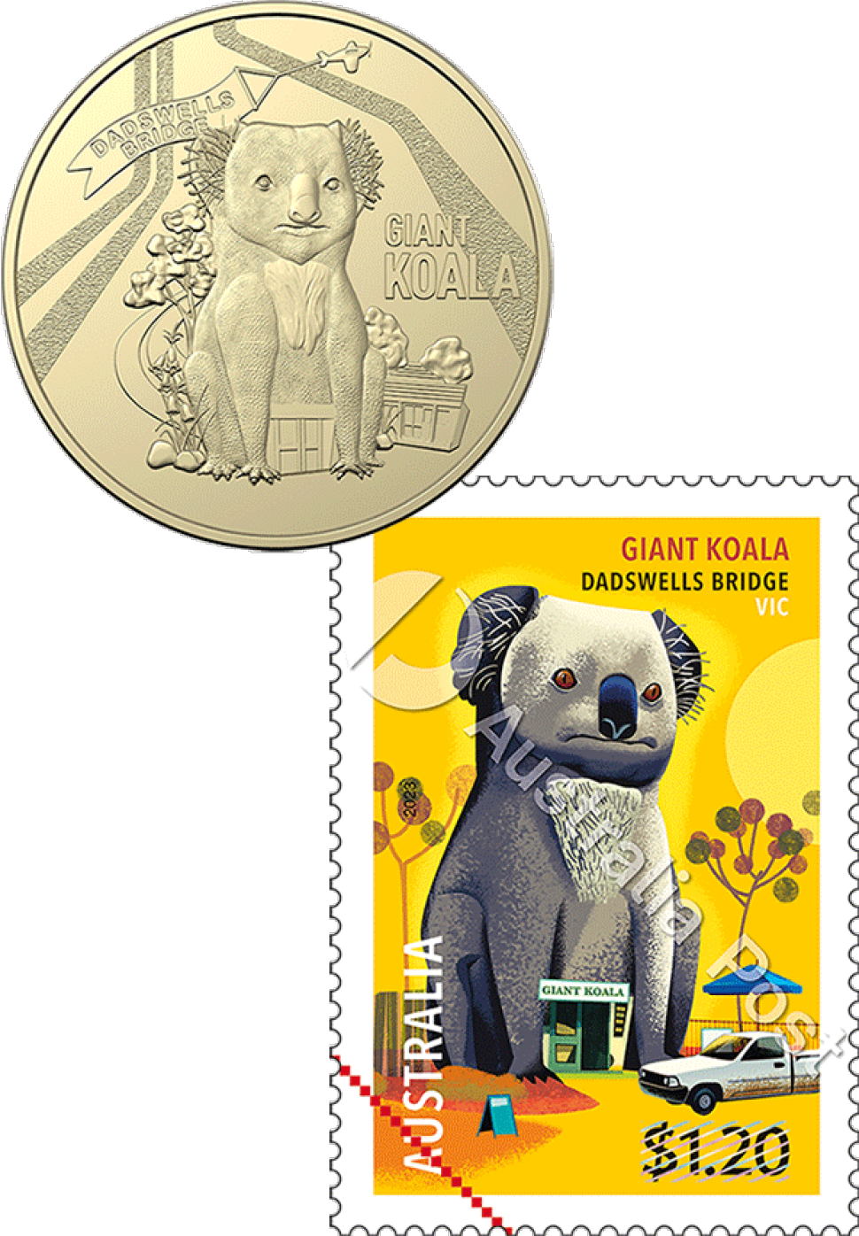 Giant Koala $1.20 stamp and $1 uncirculated coin