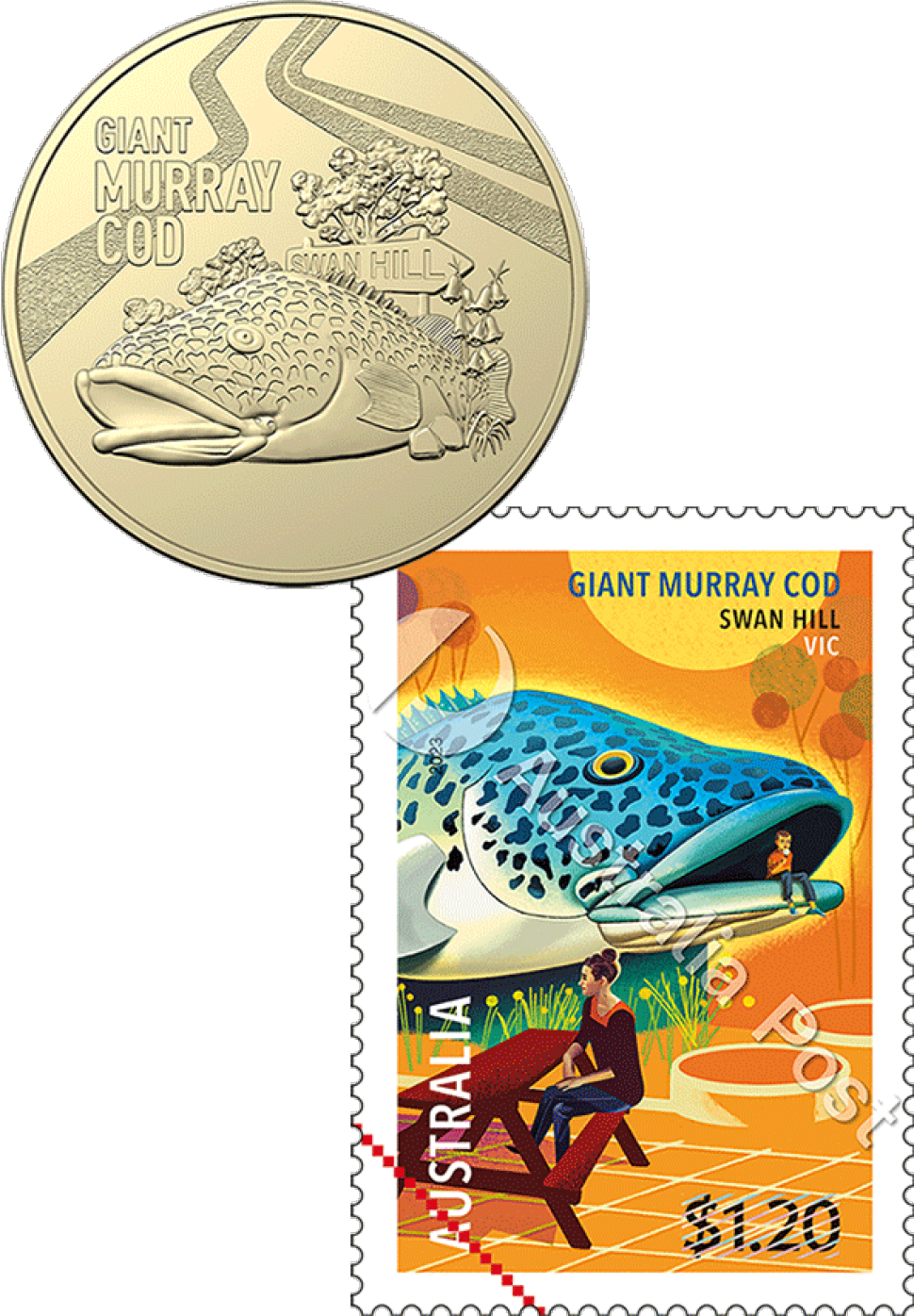 Giant Murray Cod $1.20 stamp and $1 uncirculated coin
