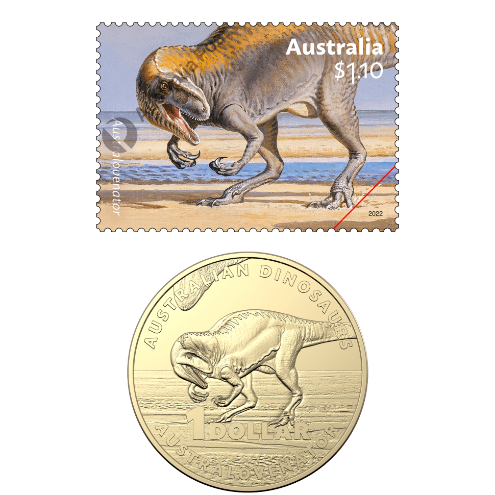 Australovenator $1.10 stamp and $1 uncirculated coin