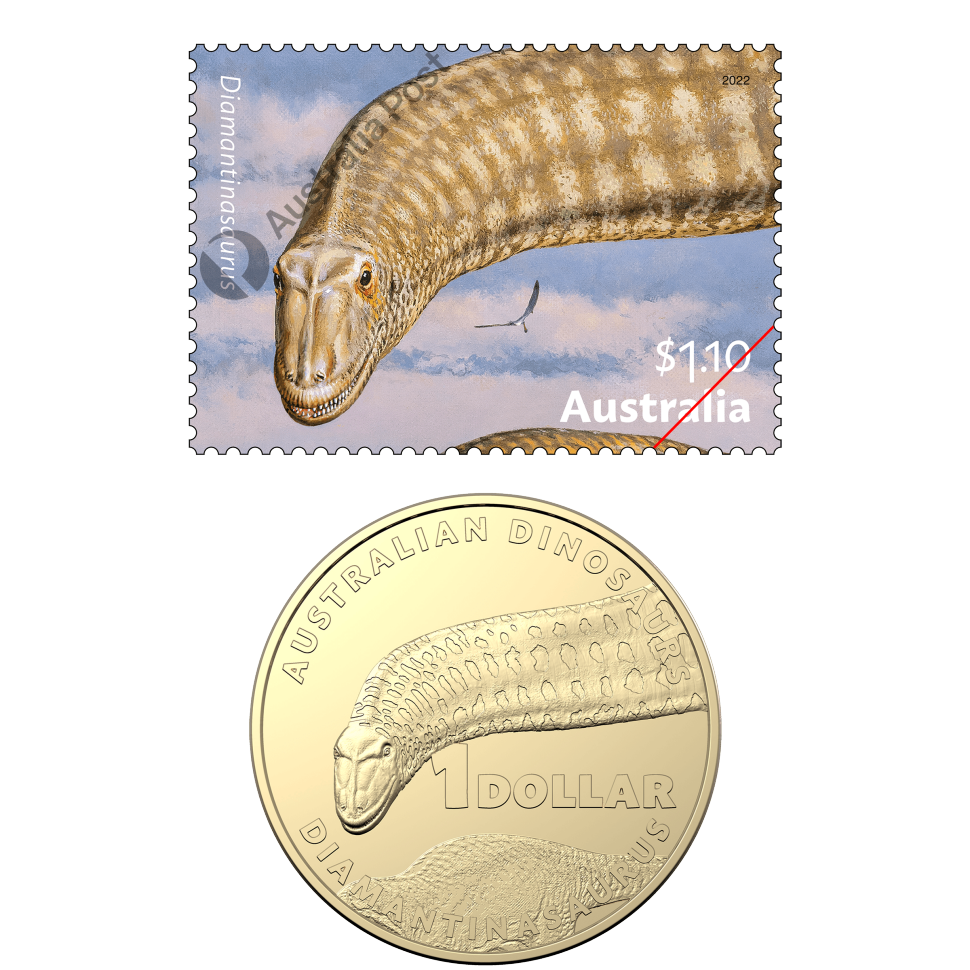 Diamantinasaurus $1.10 stamp and $1 uncirculated coin
