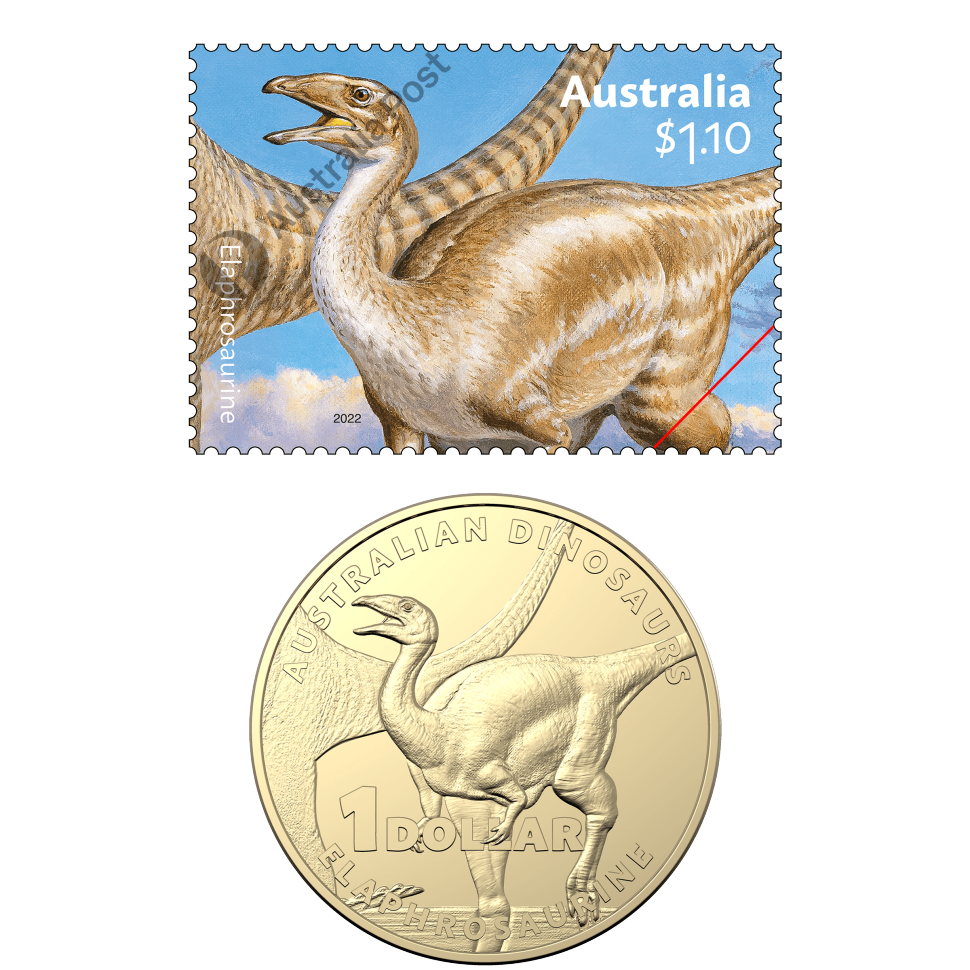 Elaphrosaurine $1.10 stamp and $1 uncirculated coin