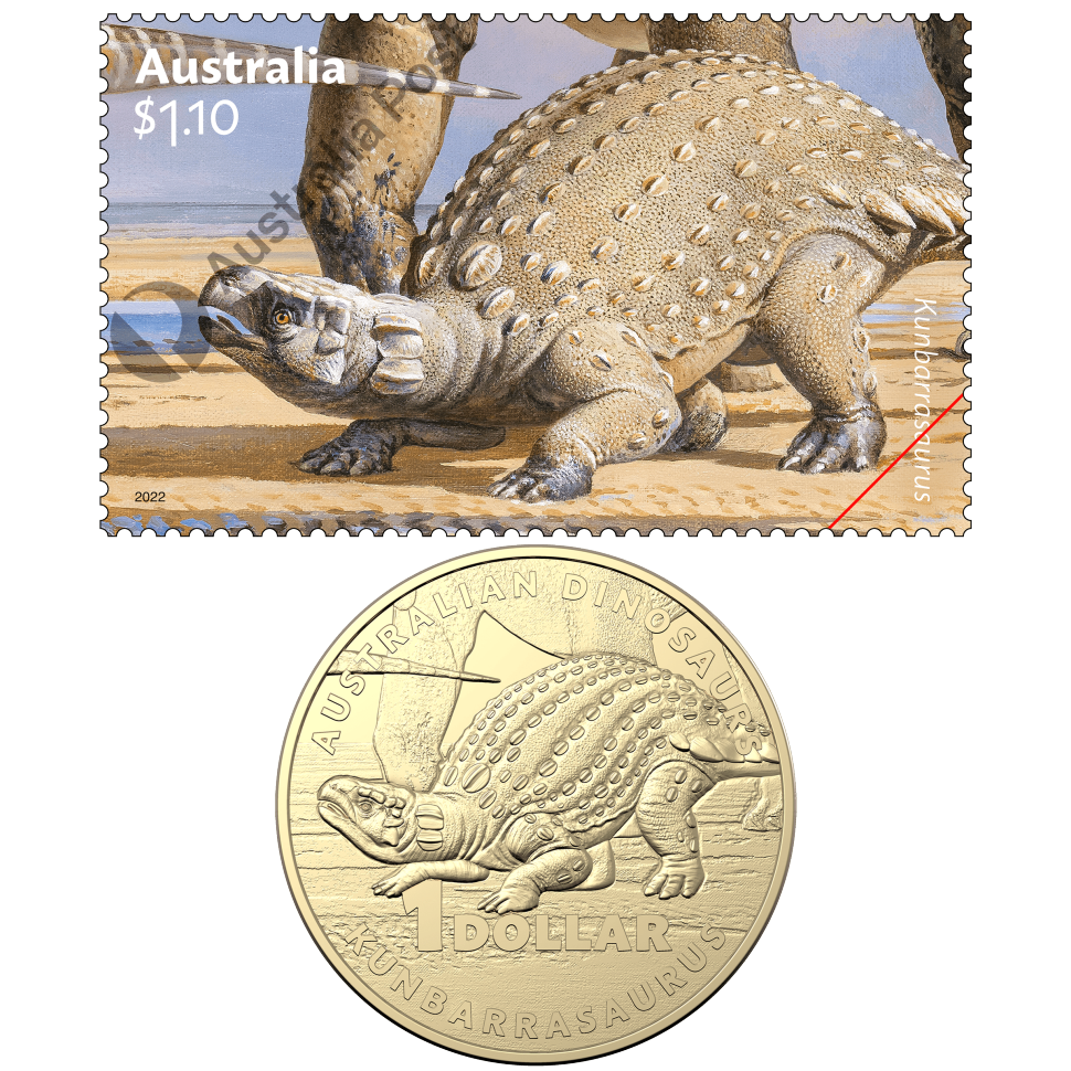 Kunbarrasaurus $1.10 stamp and $1 uncirculated coin