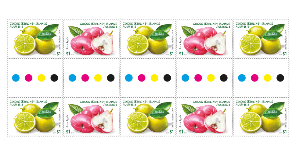 Garden Fruits of Cocos gutter strip of 10 x $1 stamps