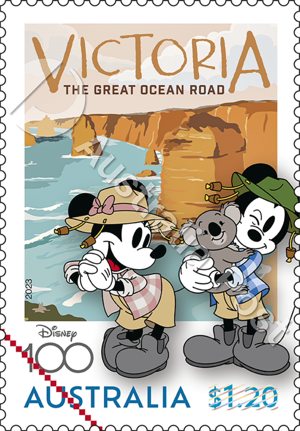 $1.20 Mickey and Minnie Mouse on the Great Ocean Road, VIC stamp