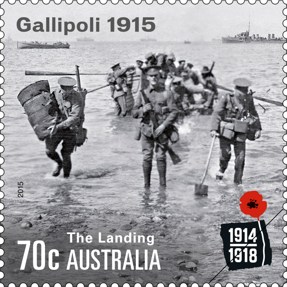 70 cent stamp showing troops coming ashore off a small boat