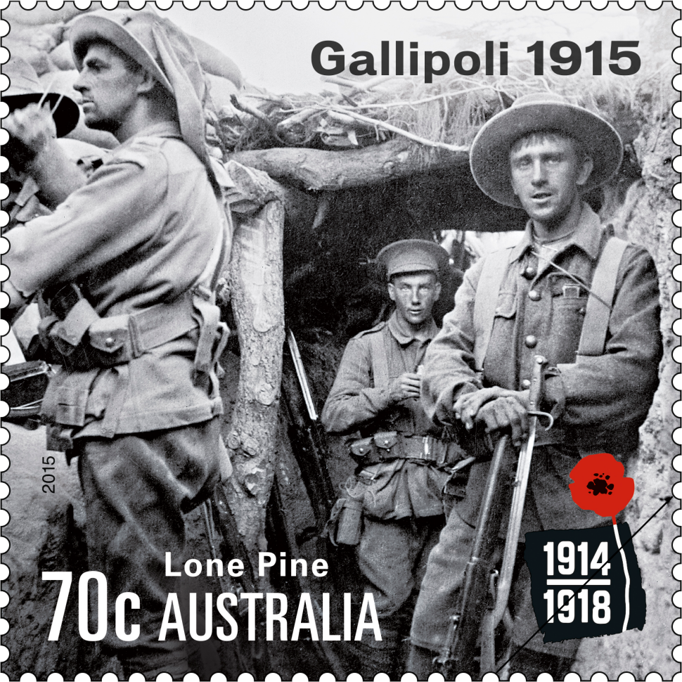 Centenary of WW1 - Gallipoli Lone Pine 1915. 70 cent stamp showing 3 troops standing in a bunker at Lone Pine